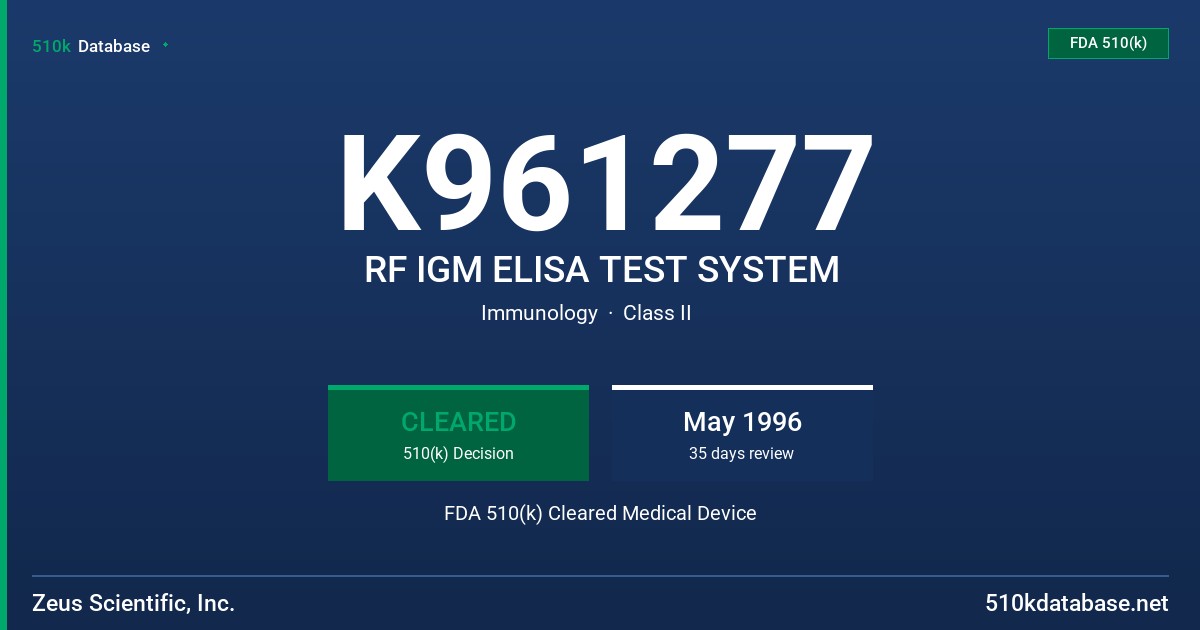 K961277 RF IGM ELISA TEST SYSTEM FDA 510(k) Cleared Medical Device