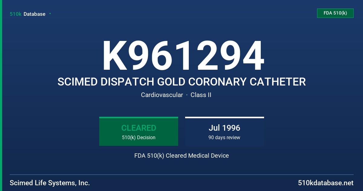 K961294 SCIMED DISPATCH GOLD CORONARY CATHETER FDA 510(k) Cleared Medical Device