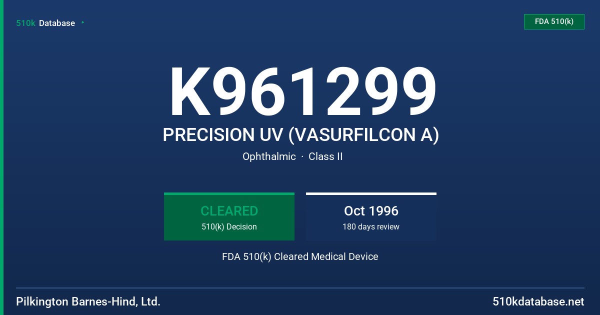 K961299 PRECISION UV (VASURFILCON A) FDA 510(k) Cleared Medical Device