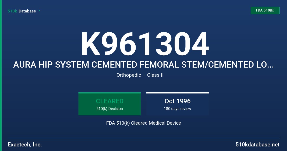 K961304 AURA HIP SYSTEM CEMENTED FEMORAL STEM/CEMENTED LONG FEMORAL STEM FDA 510(k) Cleared Medical Device