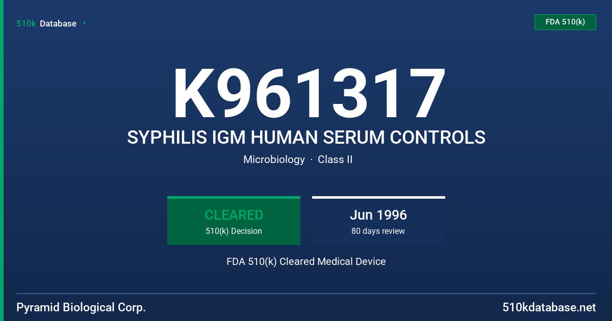 K961317 SYPHILIS IGM HUMAN SERUM CONTROLS FDA 510(k) Cleared Medical Device