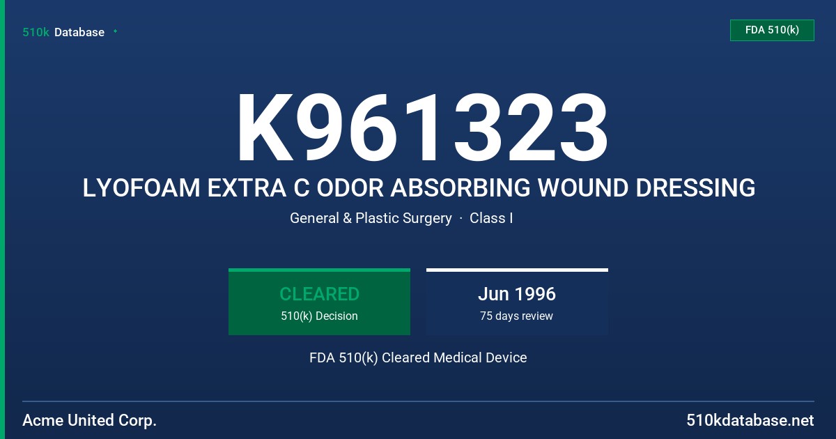 K961323 LYOFOAM EXTRA C ODOR ABSORBING WOUND DRESSING FDA 510(k) Cleared Medical Device