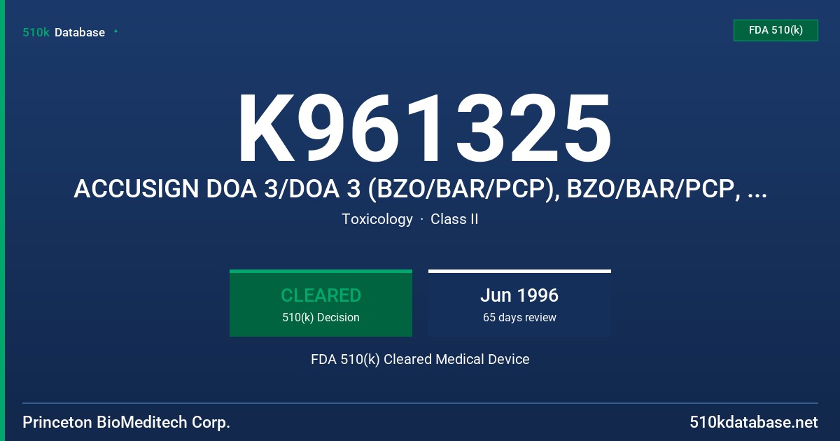 K961325 ACCUSIGN DOA 3/DOA 3 (BZO/BAR/PCP), BZO/BAR/PCP, BIOSIGN DOA 3/BZO/BAR/PCP, BIOSIGN BZO/BAR/PCP FDA 510(k) Cleared Medical Device
