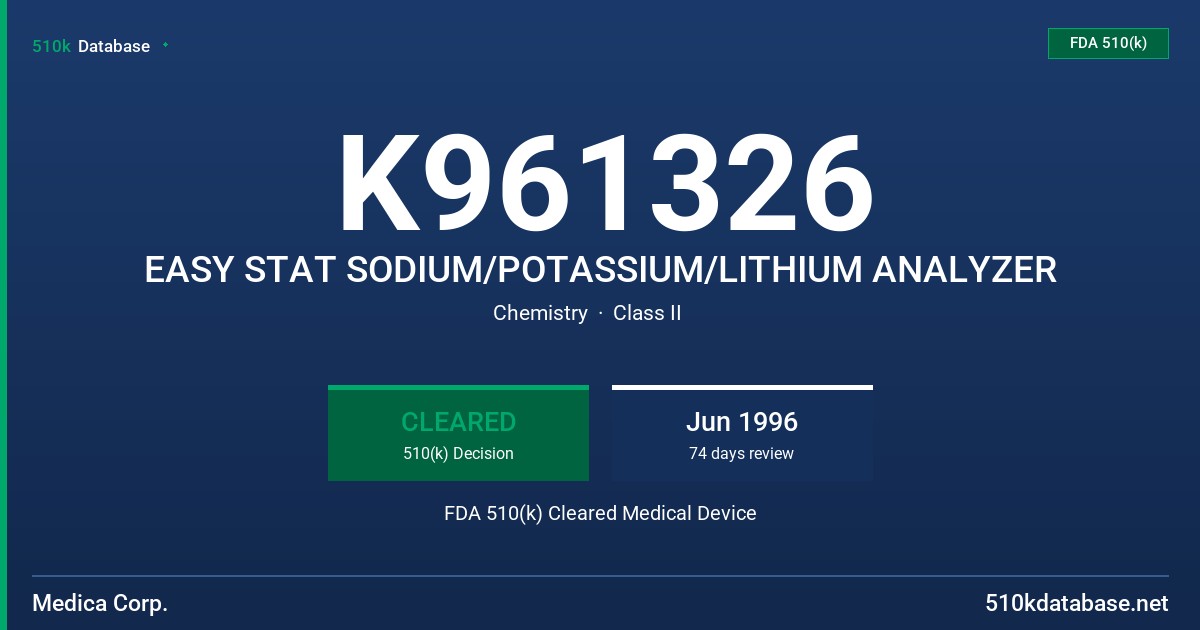 K961326 EASY STAT SODIUM/POTASSIUM/LITHIUM ANALYZER FDA 510(k) Cleared Medical Device
