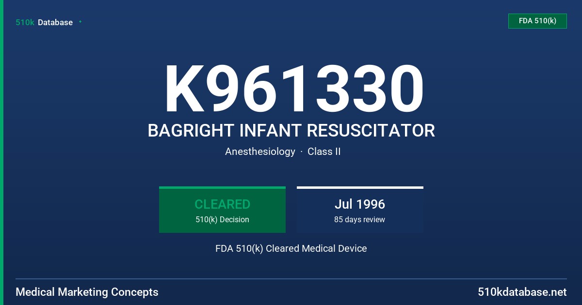 K961330 BAGRIGHT INFANT RESUSCITATOR FDA 510(k) Cleared Medical Device