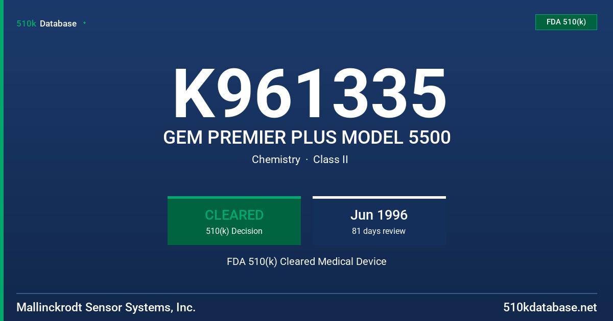 K961335 GEM PREMIER PLUS MODEL 5500 FDA 510(k) Cleared Medical Device