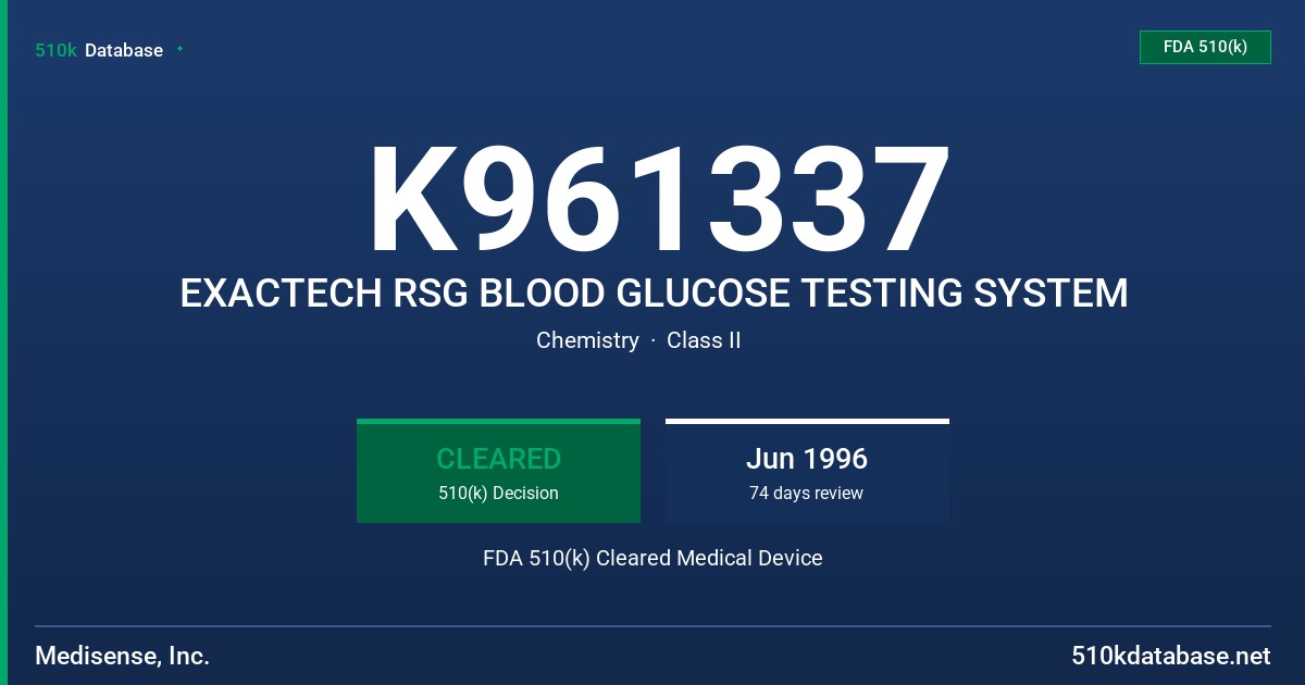 K961337 EXACTECH RSG BLOOD GLUCOSE TESTING SYSTEM FDA 510(k) Cleared Medical Device