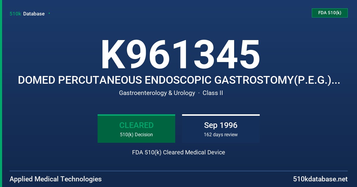 K961345 DOMED PERCUTANEOUS ENDOSCOPIC GASTROSTOMY(P.E.G.) FEEDING TUBE FDA 510(k) Cleared Medical Device