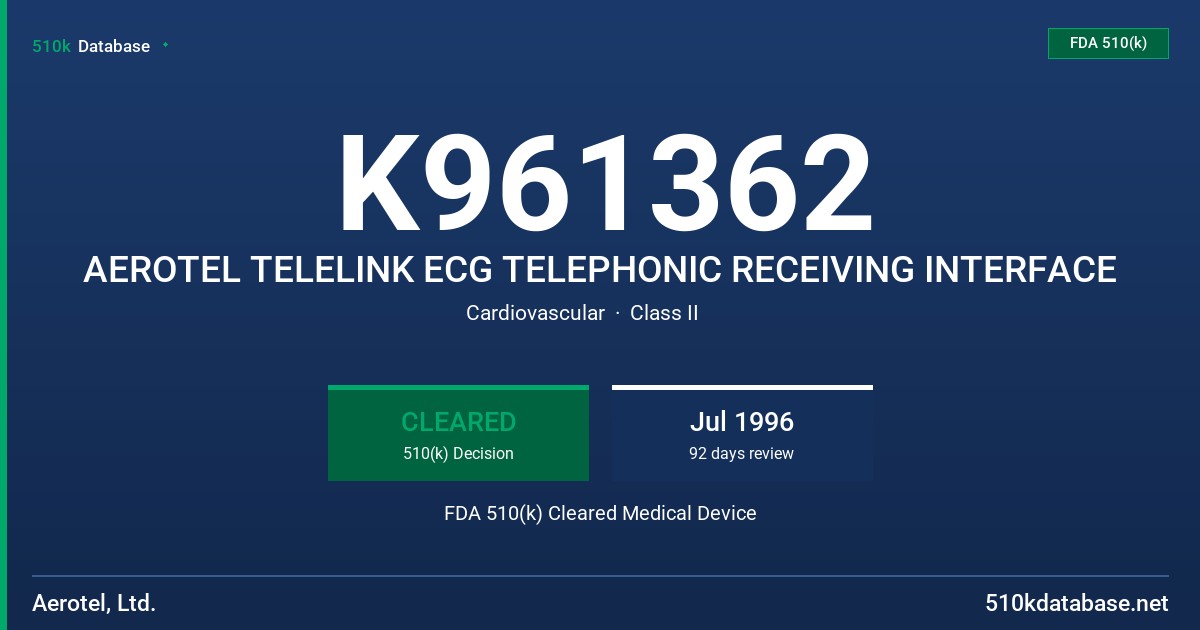 K961362 AEROTEL TELELINK ECG TELEPHONIC RECEIVING INTERFACE FDA 510(k) Cleared Medical Device