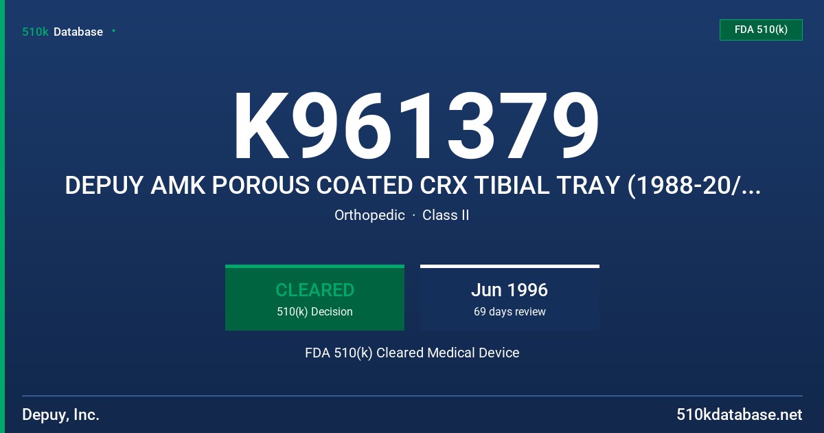 K961379 DEPUY AMK POROUS COATED CRX TIBIAL TRAY (1988-20/28-000 AND 1988-20/28-501) FDA 510(k) Cleared Medical Device