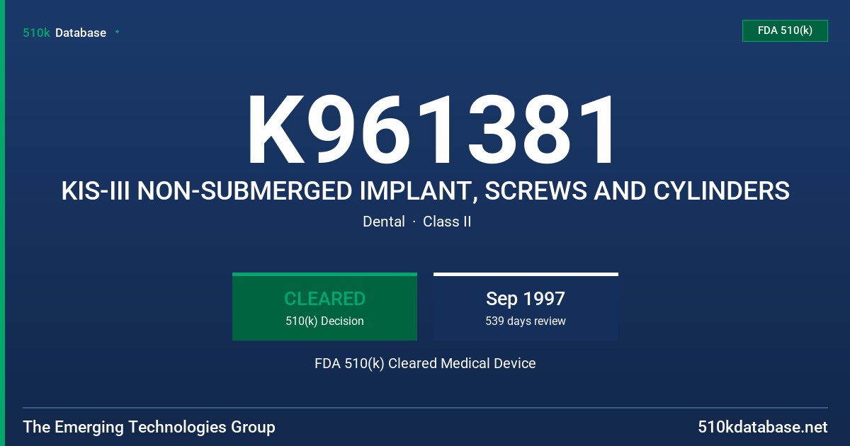 K961381 KIS-III NON-SUBMERGED IMPLANT, SCREWS AND CYLINDERS FDA 510(k) Cleared Medical Device