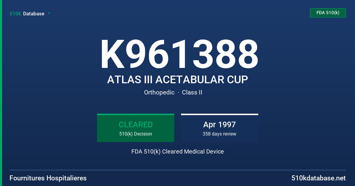 K961388 ATLAS III ACETABULAR CUP FDA 510(k) Cleared Medical Device