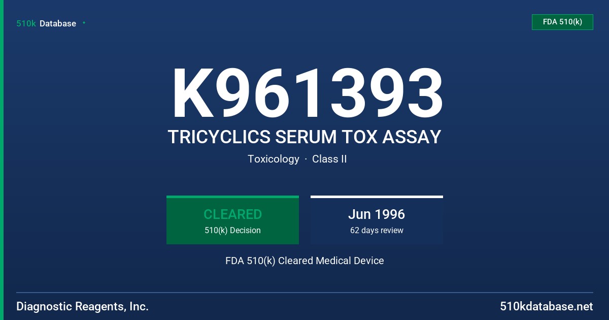 K961393 TRICYCLICS SERUM TOX ASSAY FDA 510(k) Cleared Medical Device