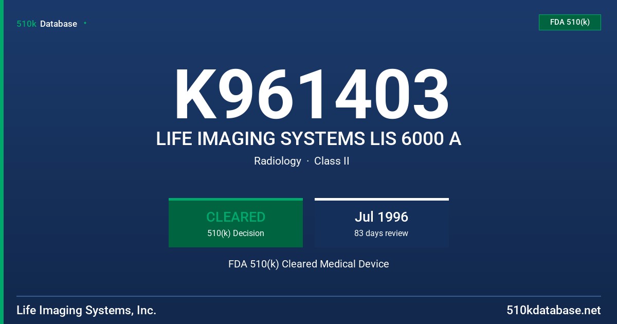 K961403 LIFE IMAGING SYSTEMS LIS 6000 A FDA 510(k) Cleared Medical Device