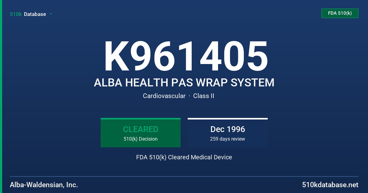 K961405 ALBA HEALTH PAS WRAP SYSTEM FDA 510(k) Cleared Medical Device