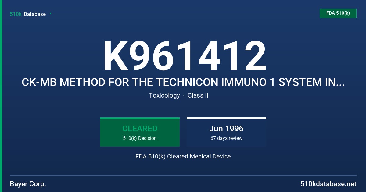 K961412 CK-MB METHOD FOR THE TECHNICON IMMUNO 1 SYSTEM IN-VITRO FDA 510(k) Cleared Medical Device