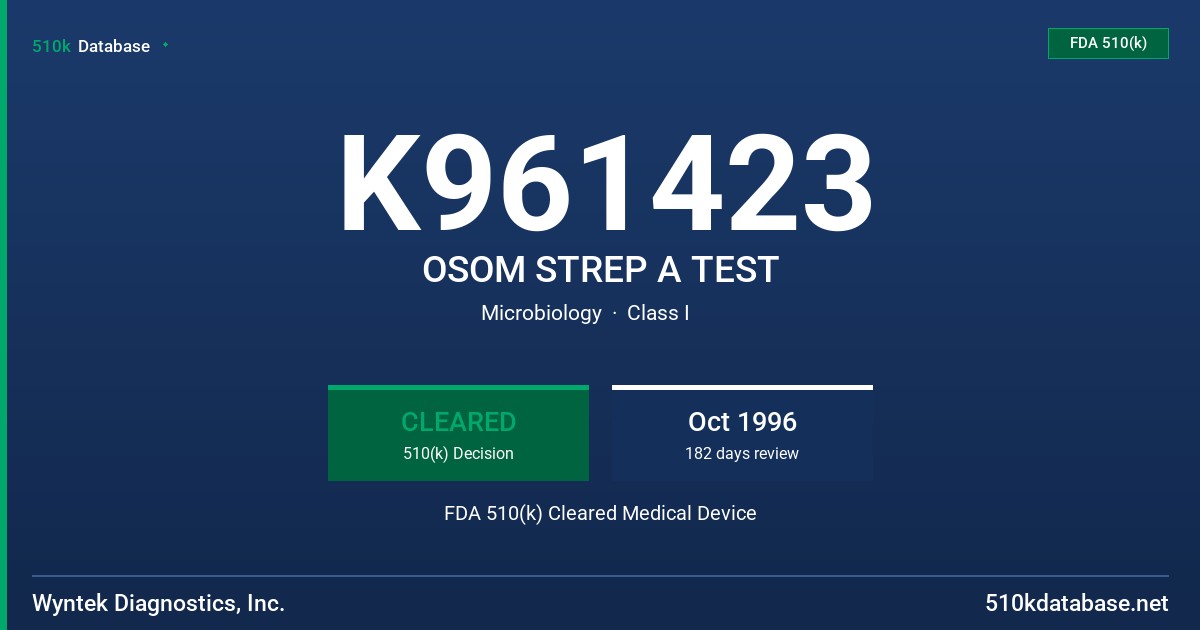 K961423 OSOM STREP A TEST FDA 510(k) Cleared Medical Device