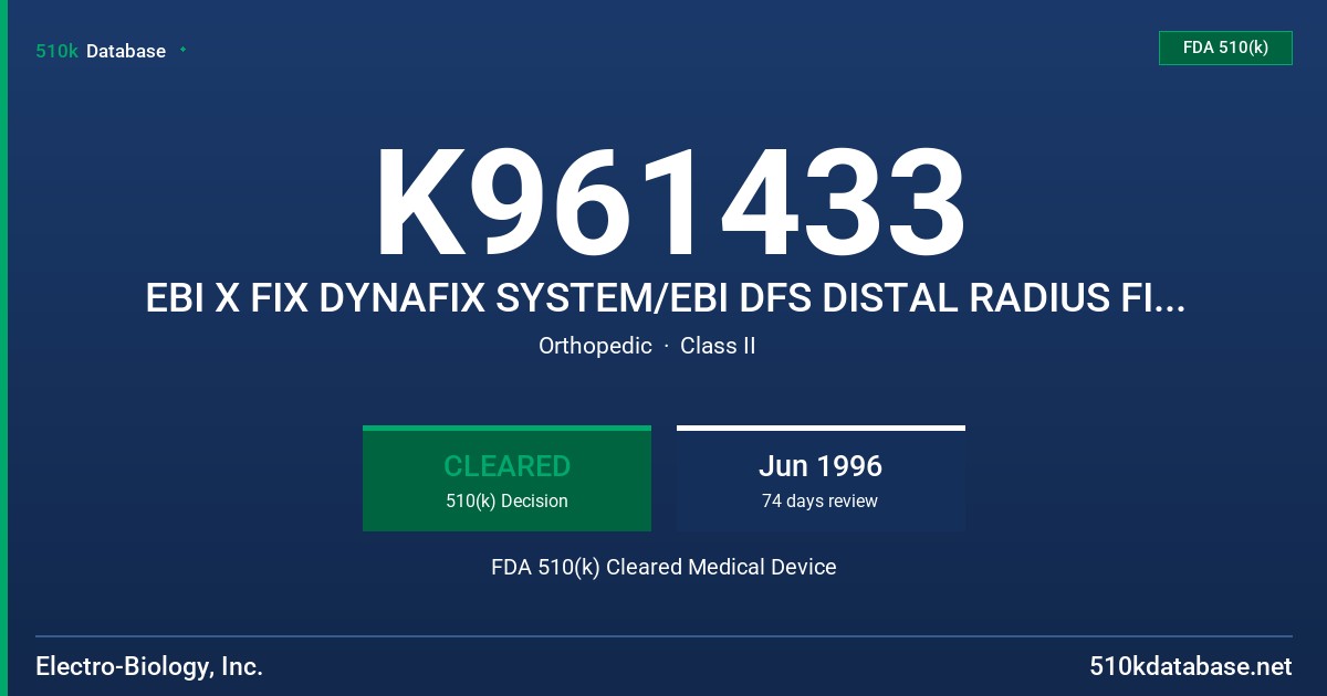 K961433 EBI X FIX DYNAFIX SYSTEM/EBI DFS DISTAL RADIUS FIXATOR SC BONE SCREWS FDA 510(k) Cleared Medical Device