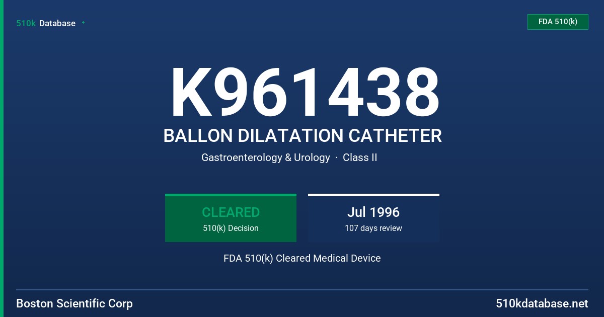 K961438 BALLON DILATATION CATHETER FDA 510(k) Cleared Medical Device