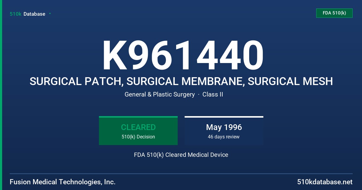 K961440 SURGICAL PATCH, SURGICAL MEMBRANE, SURGICAL MESH FDA 510(k) Cleared Medical Device