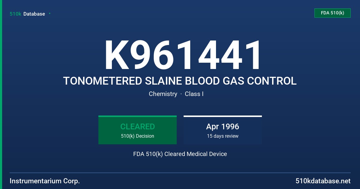 K961441 TONOMETERED SLAINE BLOOD GAS CONTROL FDA 510(k) Cleared Medical Device