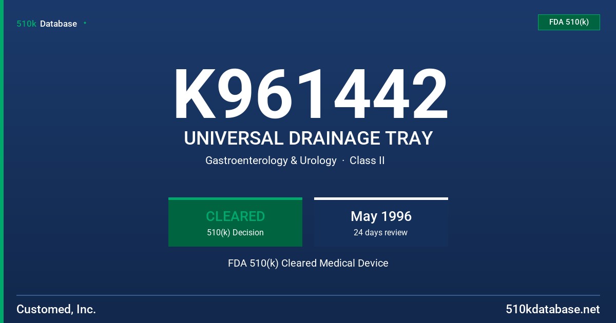 K961442 UNIVERSAL DRAINAGE TRAY FDA 510(k) Cleared Medical Device