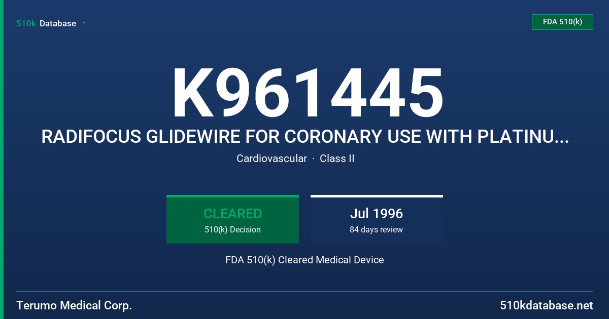 K961445 RADIFOCUS GLIDEWIRE FOR CORONARY USE WITH PLATINUM (OR GOLD) COIL FDA 510(k) Cleared Medical Device