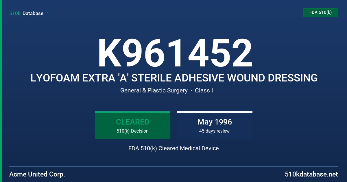 K961452 LYOFOAM EXTRA 'A' STERILE ADHESIVE WOUND DRESSING FDA 510(k) Cleared Medical Device