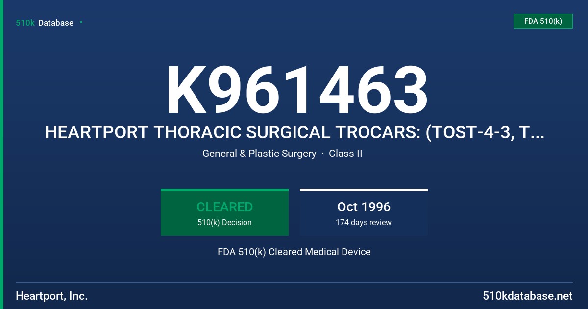 K961463 HEARTPORT THORACIC SURGICAL TROCARS: (TOST-4-3, TOSTL-6-3, TON-4-2 AND TONL-6-2 FDA 510(k) Cleared Medical Device