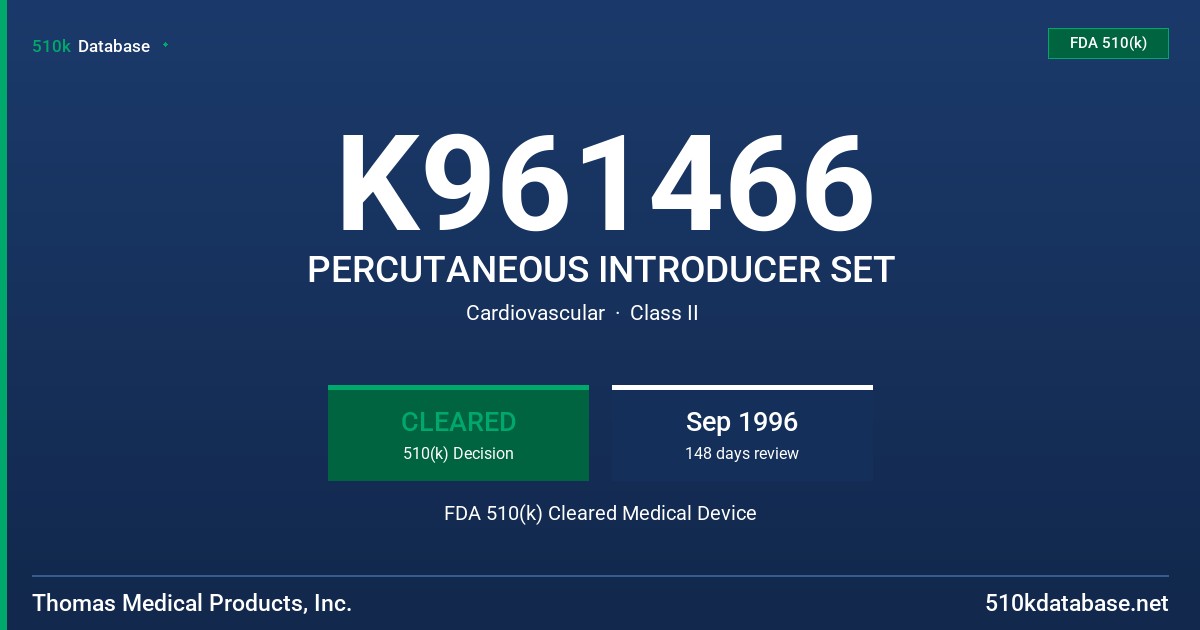 K961466 PERCUTANEOUS INTRODUCER SET FDA 510(k) Cleared Medical Device