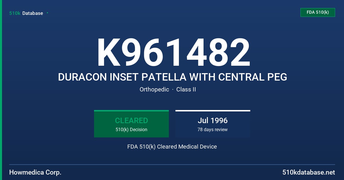 K961482 DURACON INSET PATELLA WITH CENTRAL PEG FDA 510(k) Cleared Medical Device