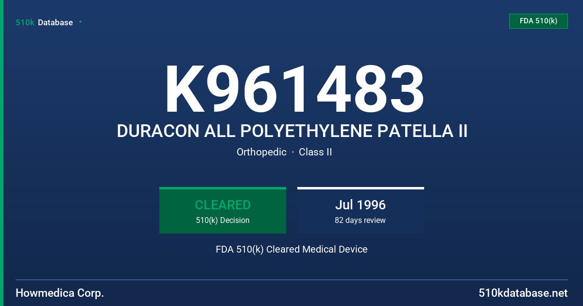 K961483 DURACON ALL POLYETHYLENE PATELLA II FDA 510(k) Cleared Medical Device