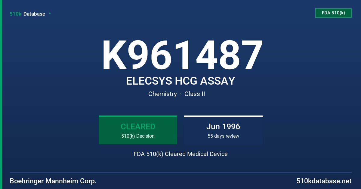 K961487 ELECSYS HCG ASSAY FDA 510(k) Cleared Medical Device