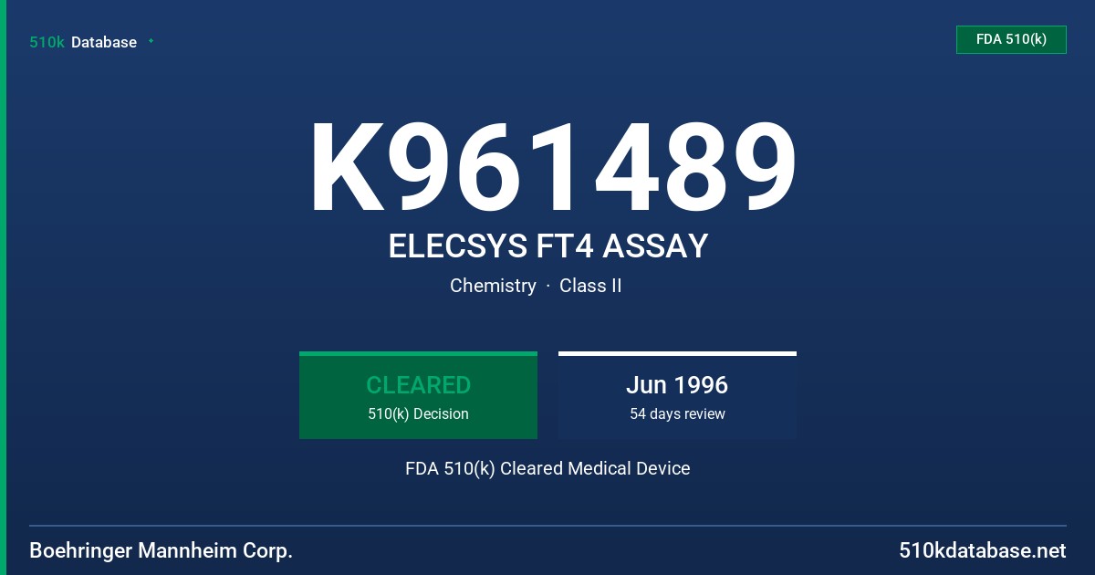 K961489 ELECSYS FT4 ASSAY FDA 510(k) Cleared Medical Device