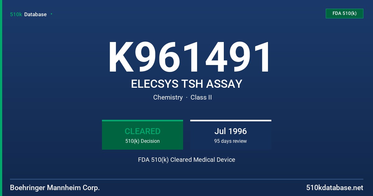 K961491 ELECSYS TSH ASSAY FDA 510(k) Cleared Medical Device