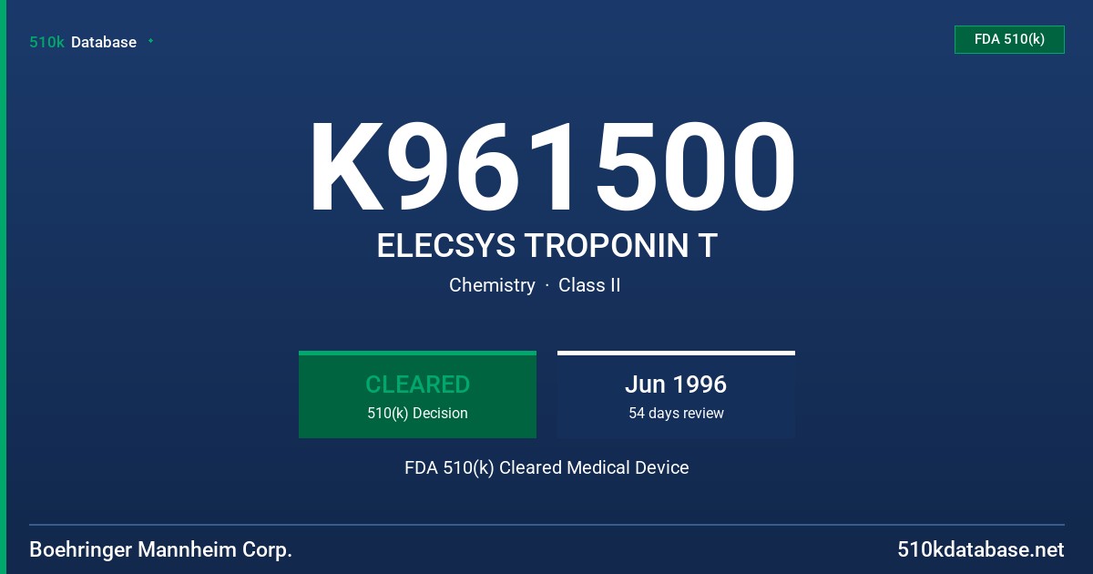 K961500 ELECSYS TROPONIN T FDA 510(k) Cleared Medical Device