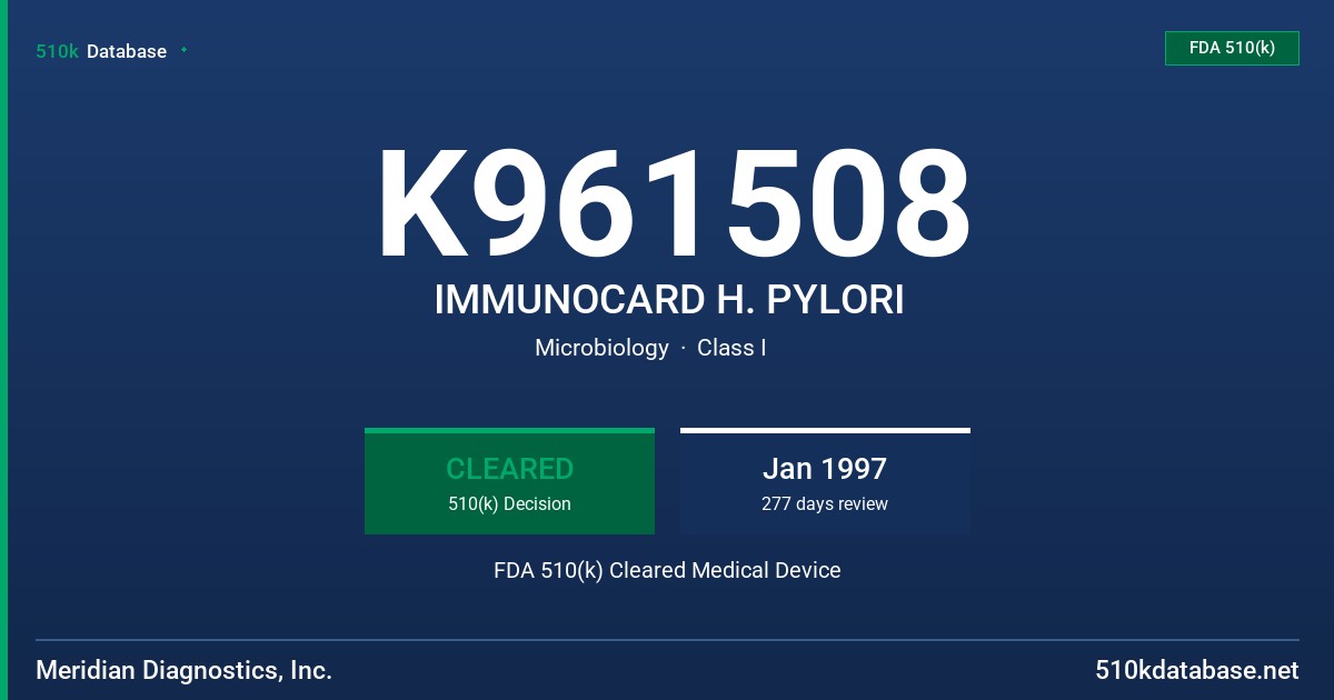 K961508 IMMUNOCARD H. PYLORI FDA 510(k) Cleared Medical Device
