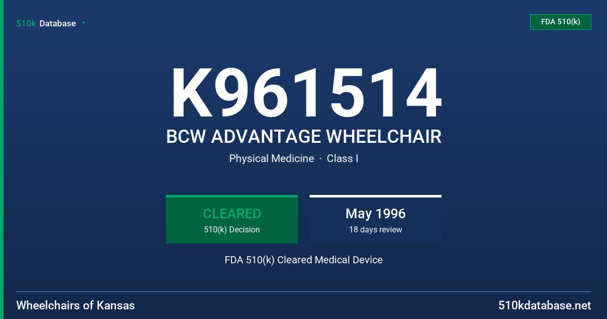 K961514 BCW ADVANTAGE WHEELCHAIR FDA 510(k) Cleared Medical Device