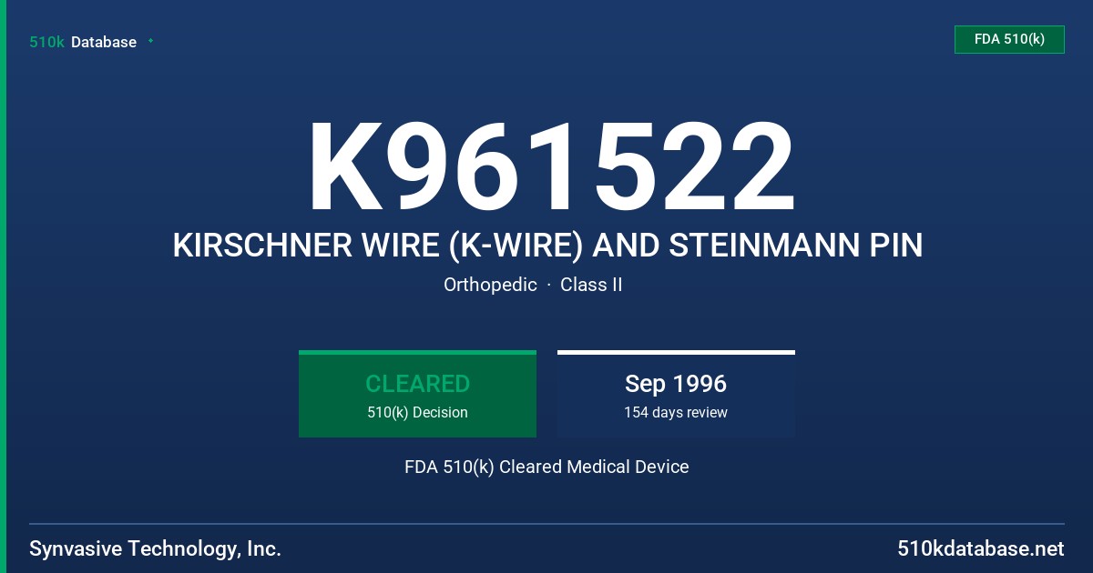 K961522 KIRSCHNER WIRE (K-WIRE) AND STEINMANN PIN FDA 510(k) Cleared Medical Device