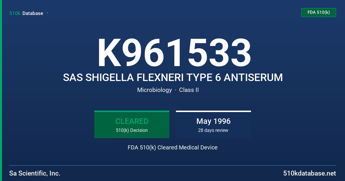 K961533 SAS SHIGELLA FLEXNERI TYPE 6 ANTISERUM FDA 510(k) Cleared Medical Device