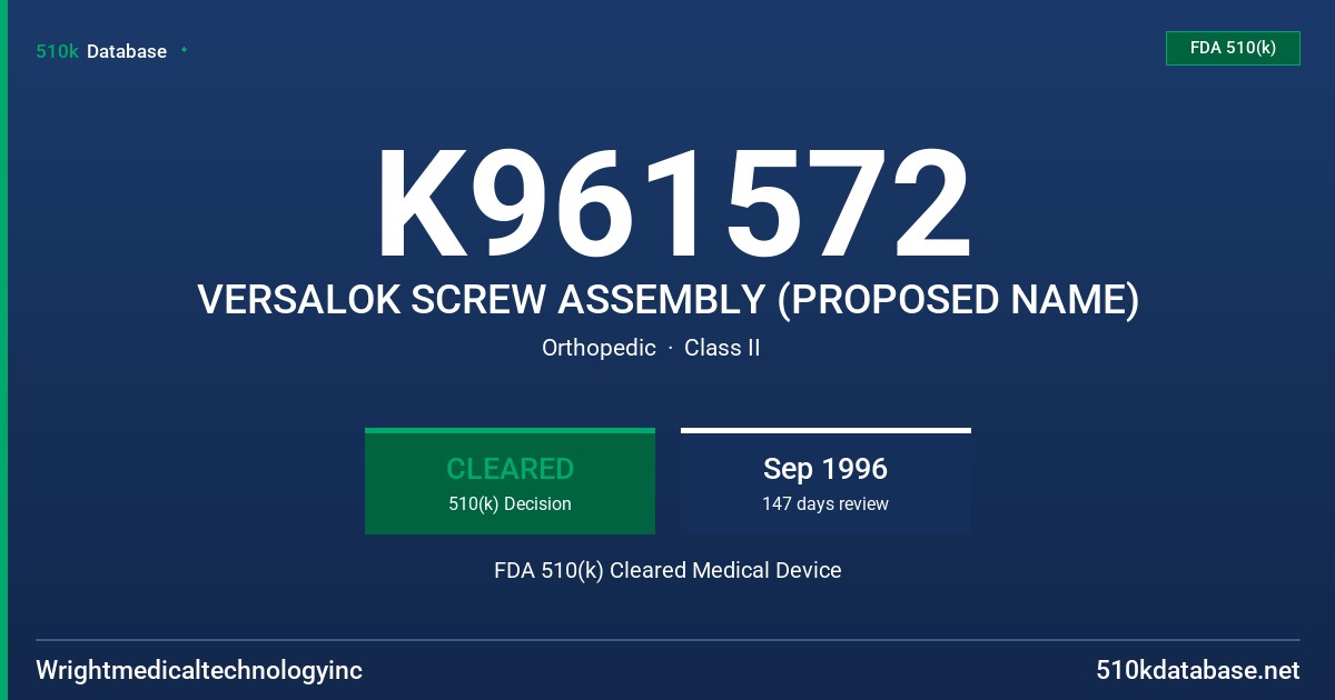 K961572 VERSALOK SCREW ASSEMBLY (PROPOSED NAME) FDA 510(k) Cleared Medical Device