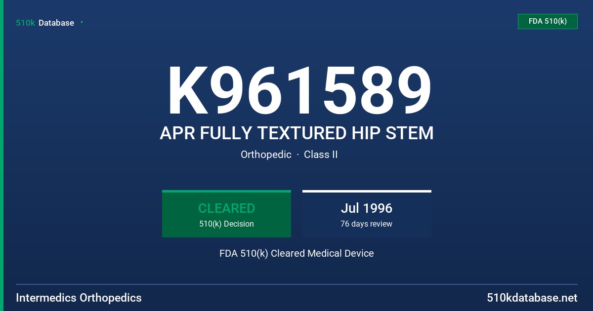K961589 APR FULLY TEXTURED HIP STEM FDA 510(k) Cleared Medical Device