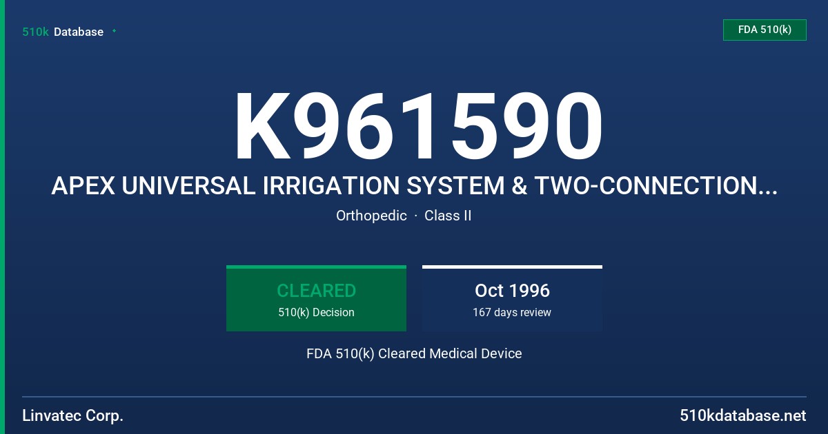 K961590 APEX UNIVERSAL IRRIGATION SYSTEM & TWO-CONNECTION TUBING SET FDA 510(k) Cleared Medical Device