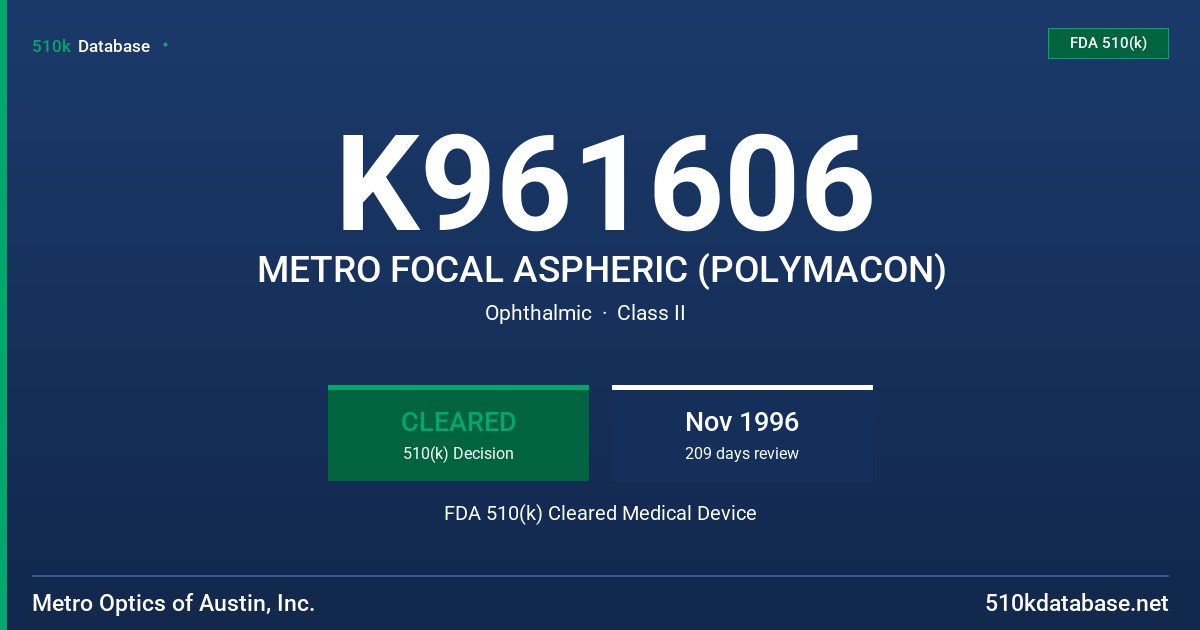 K961606 METRO FOCAL ASPHERIC (POLYMACON) FDA 510(k) Cleared Medical Device