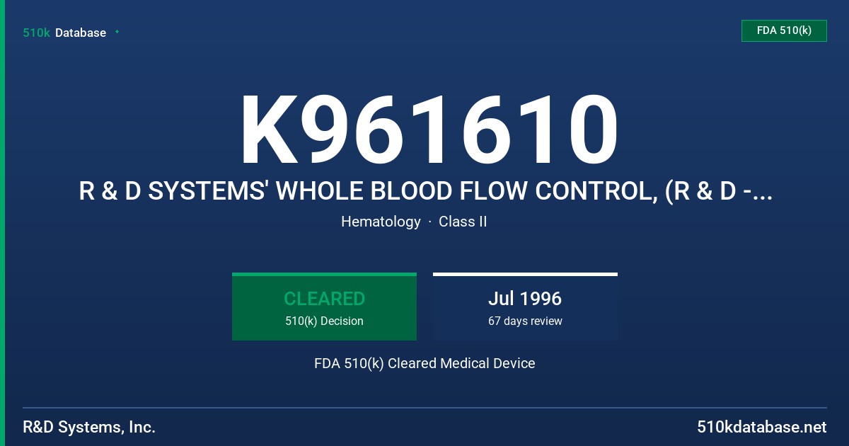 K961610 R & D SYSTEMS' WHOLE BLOOD FLOW CONTROL, (R & D - WBFC) FDA 510(k) Cleared Medical Device