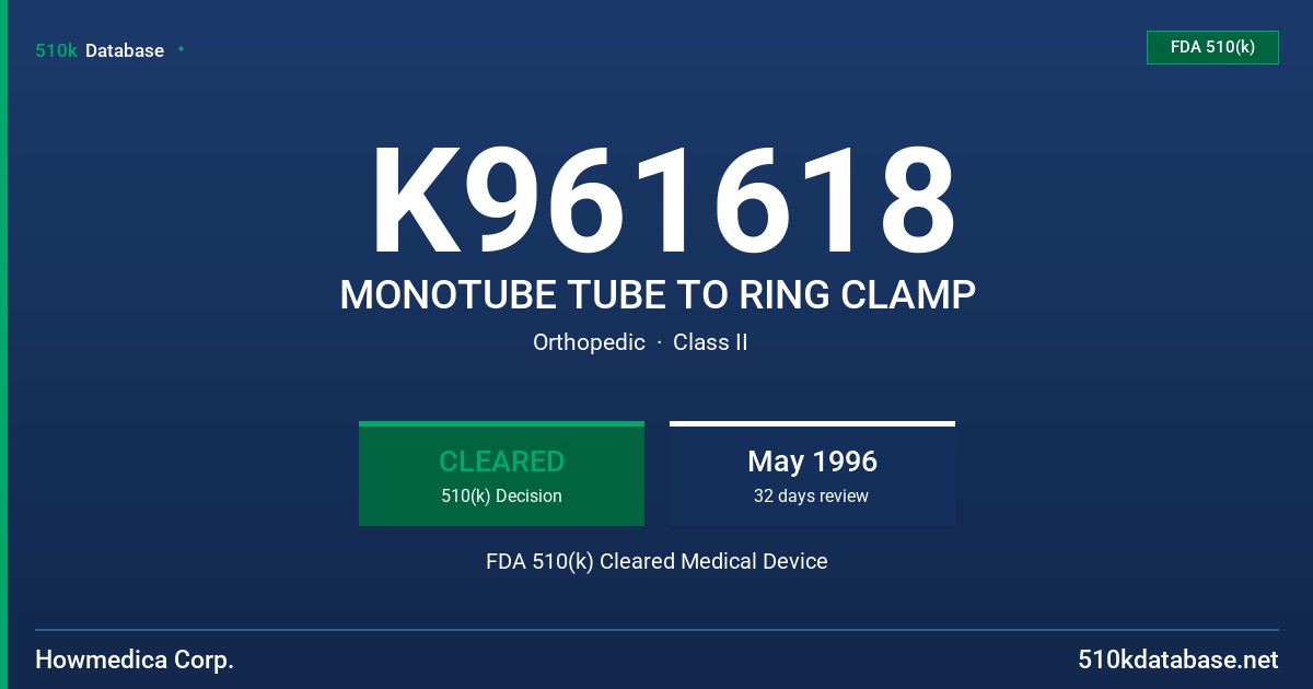 K961618 MONOTUBE TUBE TO RING CLAMP FDA 510(k) Cleared Medical Device