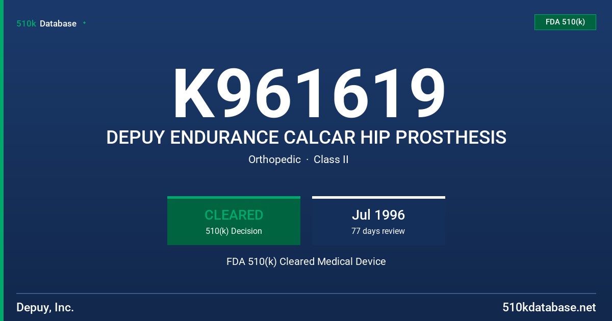 K961619 DEPUY ENDURANCE CALCAR HIP PROSTHESIS FDA 510(k) Cleared Medical Device