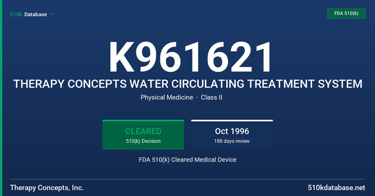 K961621 THERAPY CONCEPTS WATER CIRCULATING TREATMENT SYSTEM FDA 510(k) Cleared Medical Device