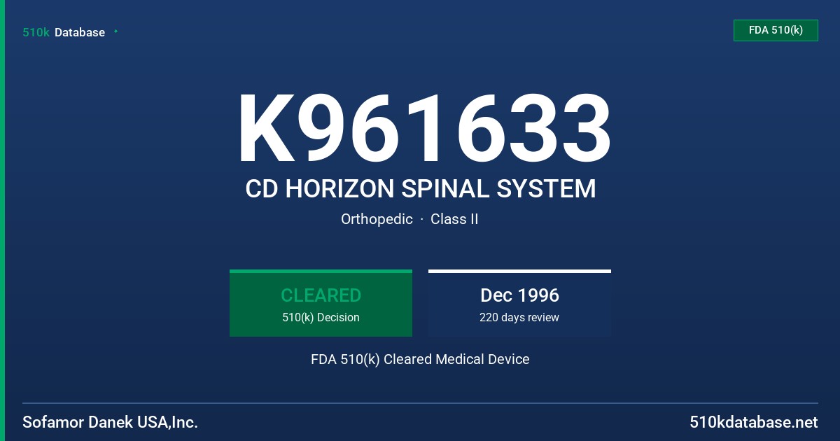 K961633 CD HORIZON SPINAL SYSTEM FDA 510(k) Cleared Medical Device