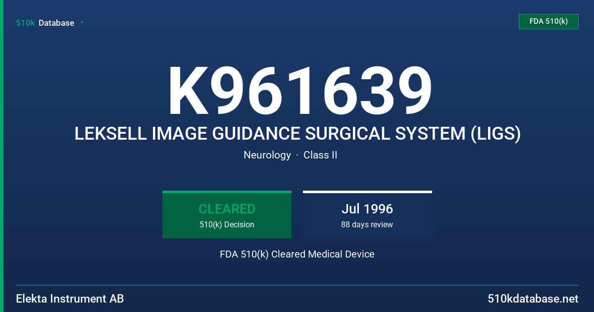 K961639 LEKSELL IMAGE GUIDANCE SURGICAL SYSTEM (LIGS) FDA 510(k) Cleared Medical Device